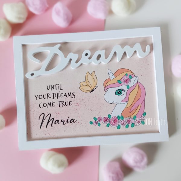 Tablou unicorn personalizat cu nume pictat manual decoratiune fetita