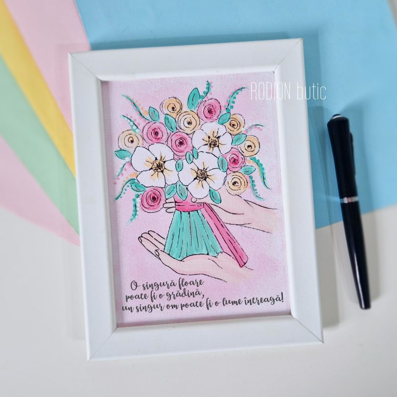 Tablou cu buchet de flori pictat manual personalizat cu mesaj