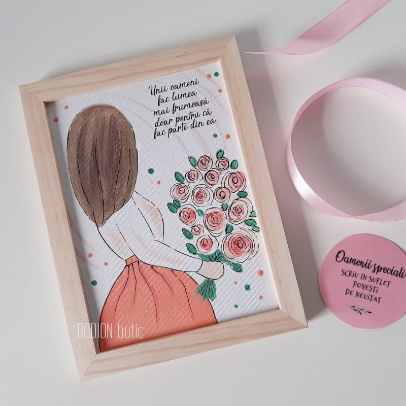 Tablou buchet flori pictat manual personalizat cu mesaj