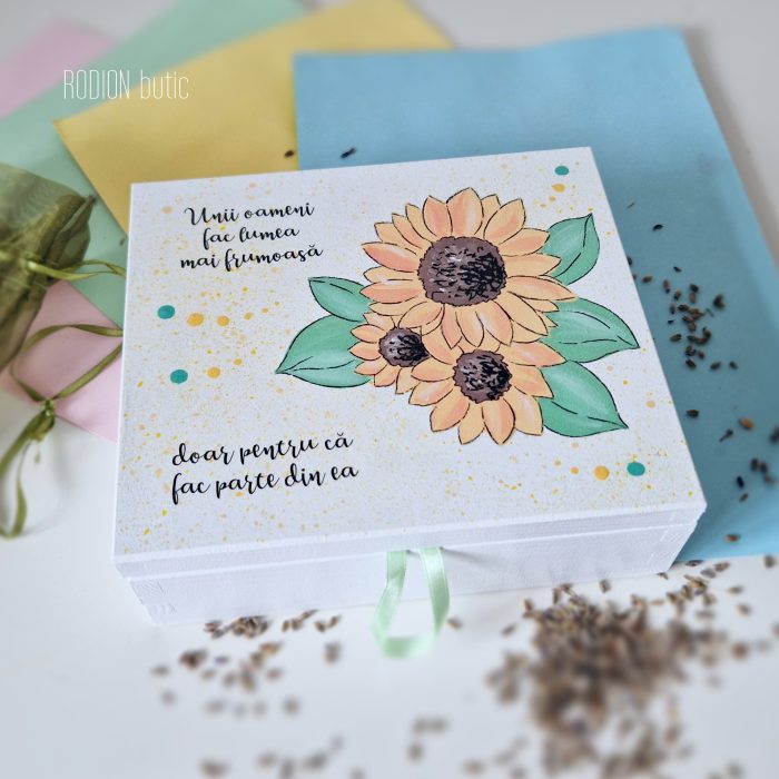 Cutie bijuterii floarea soarelui pictata manual personalizata cu mesaj
